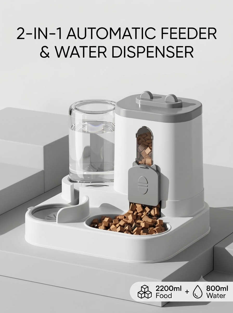 2-in-1 Automatic Pet Feeder & Water Dispenser, Gravity-Fed Food and Water Station for Small Cats and Dogs