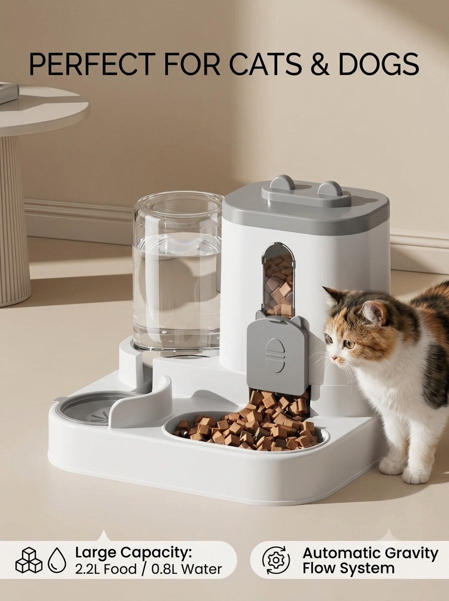 2-in-1 Automatic Pet Feeder & Water Dispenser, Gravity-Fed Food and Water Station for Small Cats and Dogs