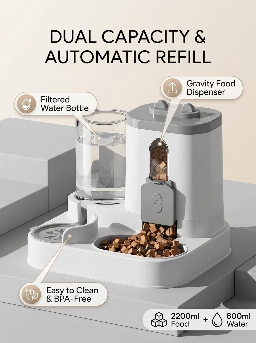 2-in-1 Automatic Pet Feeder & Water Dispenser, Gravity-Fed Food and Water Station for Small Cats and Dogs
